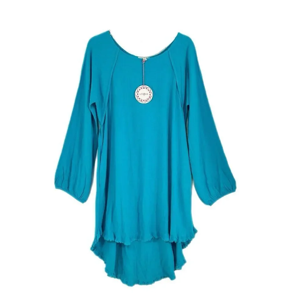 UMGEE Dress Womens S Blue Linen Cotton Shift Long Sleeve Relaxed Lagenlook NEW